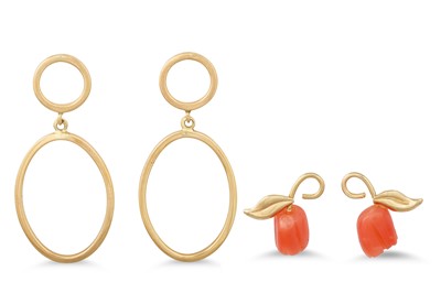 Lot 143 - A PAIR OF 9CT GOLD CORAL EARRINGS, together...