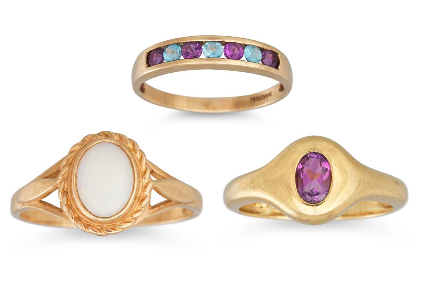 Lot 84 - THREE RINGS IN 9CT GOLD, one amethyst, one...