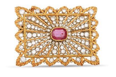 Lot 216 - A VINTAGE RUBY AND DIAMOND WIREWORK BROOCH, of...