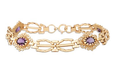 Lot 221 - A 9CT GOLD AMETHYST SET BRACELET, 5.6 g.