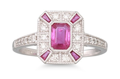 Lot 94 - A RUBY AND DIAMOND RING, the rectangular ruby...