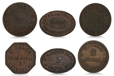 Lot 388 - 1800s 6 X COPPER 2d IRISH TOKENS: C Coles...