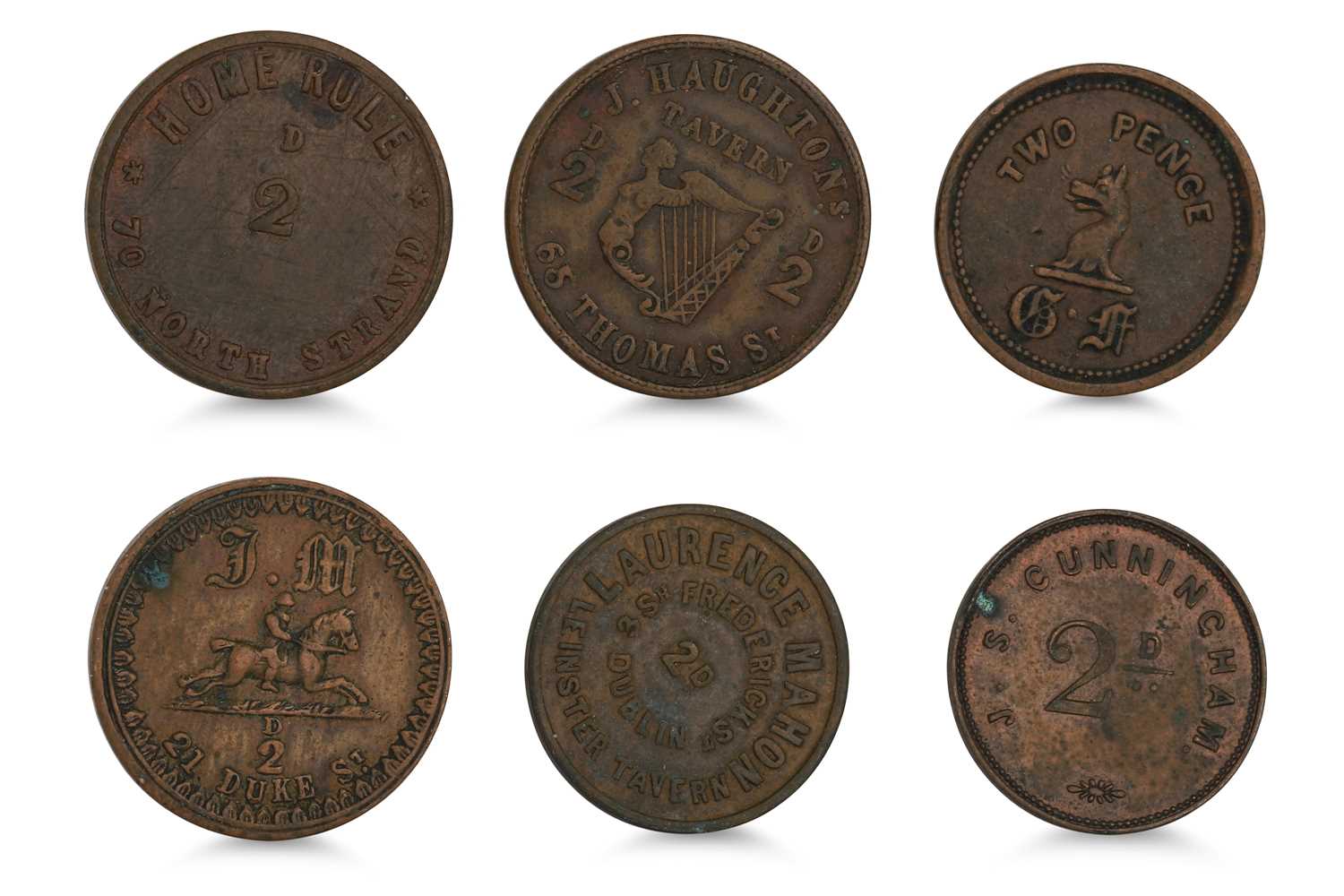 Lot 390 - 1800s 6 X VICTORIA 2d COPPER IRISH TOKENS: JS...