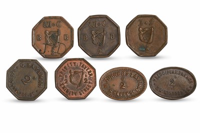 Lot 392 - 1800s 5 x COPPER 2d Octogon IRISH TOKENS;...