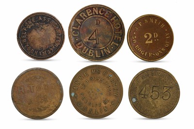 Lot 393 - 1800s 6 X LARGE BRASS IRISH TOKENS: Clarence...