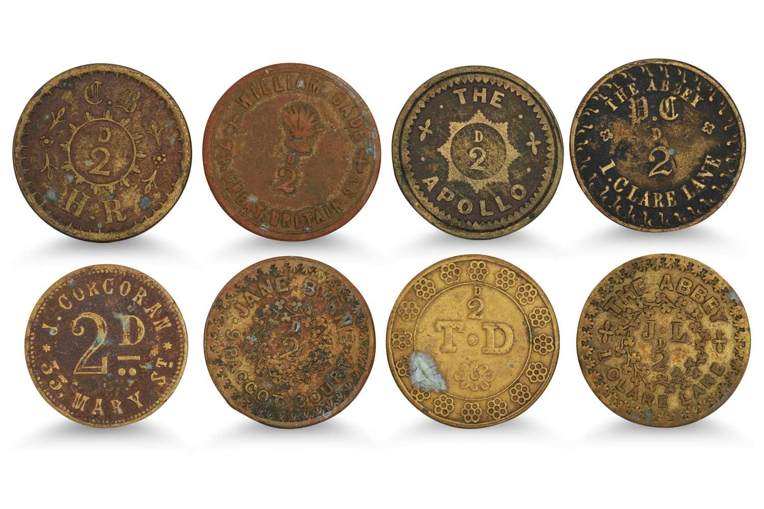 Lot 394 - 1800s 8 X BRASS 2d IRISH TOKENS: Abbey Clare...