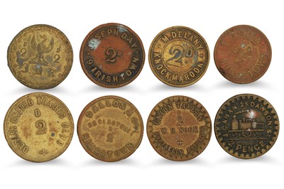 Lot 395 - 1800s 8 X BRASS 2d IRISH TOKENS: Cahan Dawson...