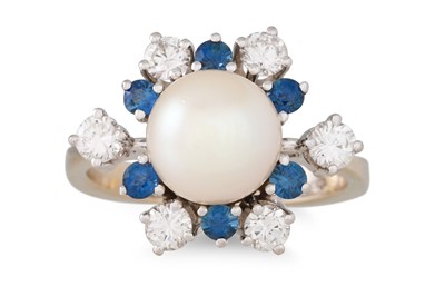 Lot 46 - A PEARL, DIAMOND AND SAPPHIRE CLUSTER RING,...