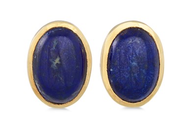 Lot 236 - A PAIR OF LAPIS LAZULI EARRINGS, mounted in...