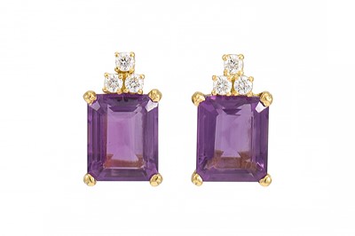Lot 283 - A PAIR OF AMETHYST AND DIAMOND EARRINGS, set...