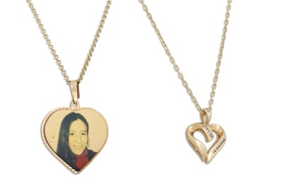 Lot 194 - TWO 9CT GOLD PENDANTS AND CHAINS, heart shaped