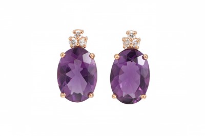 Lot 285 - A PAIR OF AMETHYST AND DIAMOND EARRINGS, set...