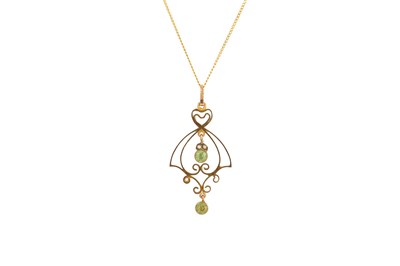Lot 23 - AN ANTIQUE PERIDOT AND PEARL PENDANT, of open...