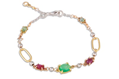 Lot 249 - AN EMERALD, RUBY AND TOURMALINE BRACELET,...