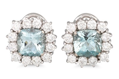 Lot 253 - A PAIR OF AQUAMARINE AND DIAMOND CLUSTER...