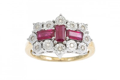 Lot 25 - A DIAMOND AND RUBY CLUSTER RING, mounted in...