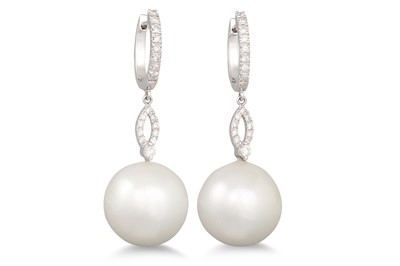 Lot 263 - A PAIR OF SOUTH SEA PEARL AND DIAMOND DROP...