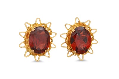 Lot 201 - A PAIR OF GARNET EARRINGS, mounted in yellow gold