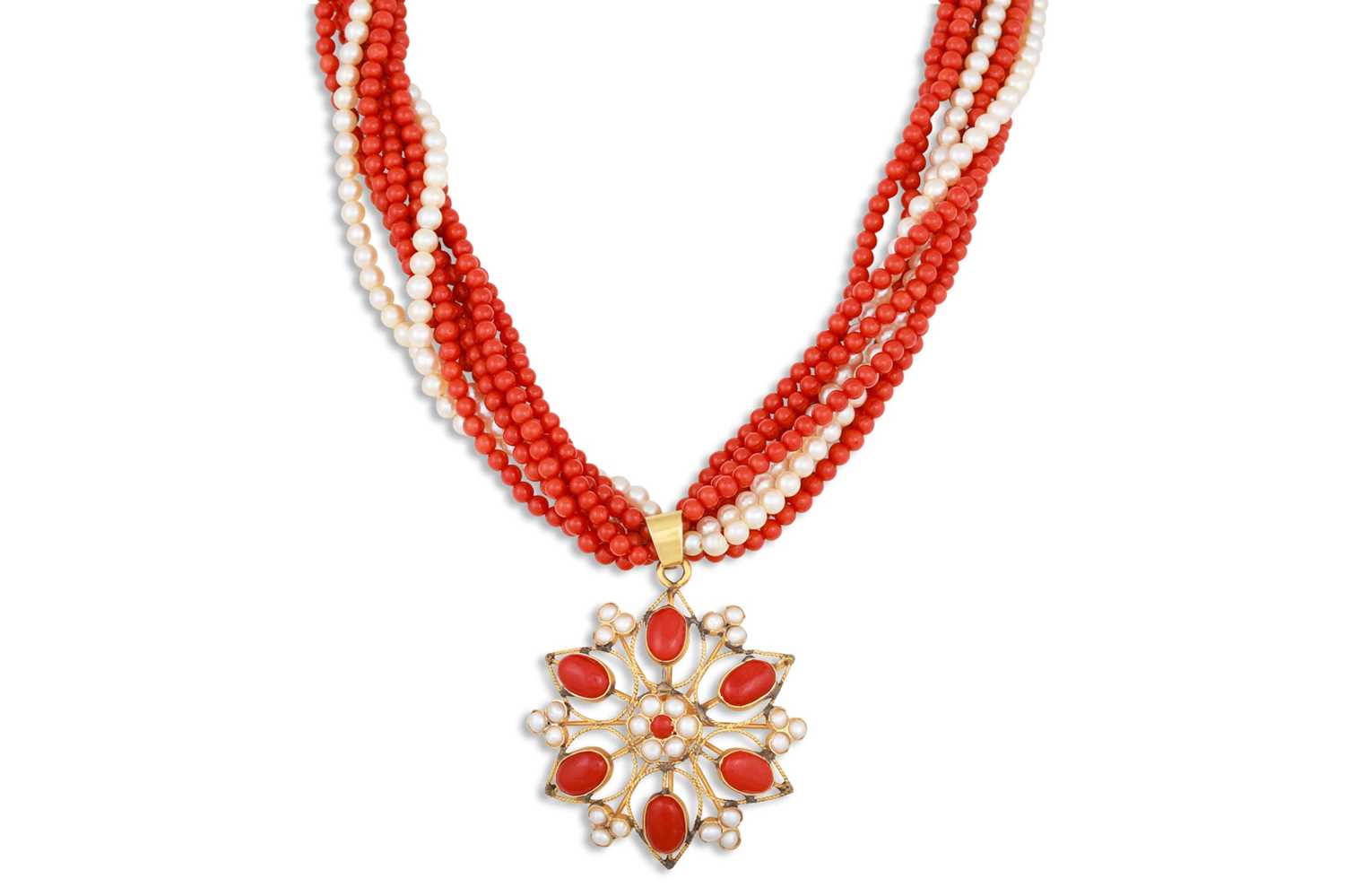 Lot 203 - A CORAL AND WHITE CULTURED PEARL MULTI-STRAND...