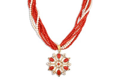 Lot 134 - A CORAL AND WHITE CULTURED PEARL MULTI-STRAND...