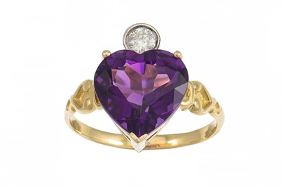 Lot 33 - AN AMETHYST AND DIAMOND RING, the heart shaped...