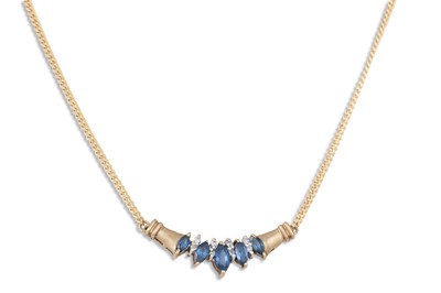 Lot 29 - A DIAMOND AND SAPPHIRE NECKLACE, the five...