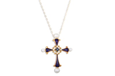 Lot 82 - A BLUE ENAMEL, GOLD AND PEARL CROSS, on a chain