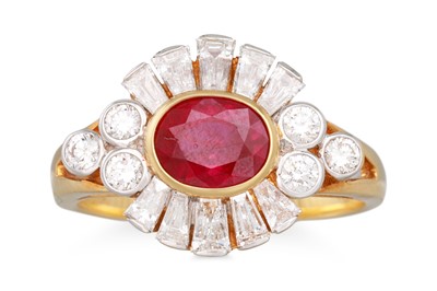 Lot 341 - A RUBY AND DIAMOND CLUSTER RING, oval ruby to...