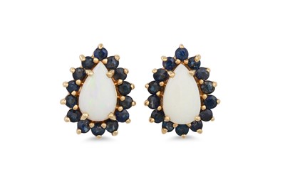 Lot 280 - A PAIR OF OPAL AND SAPPHIRE EARRINGS, the pear...