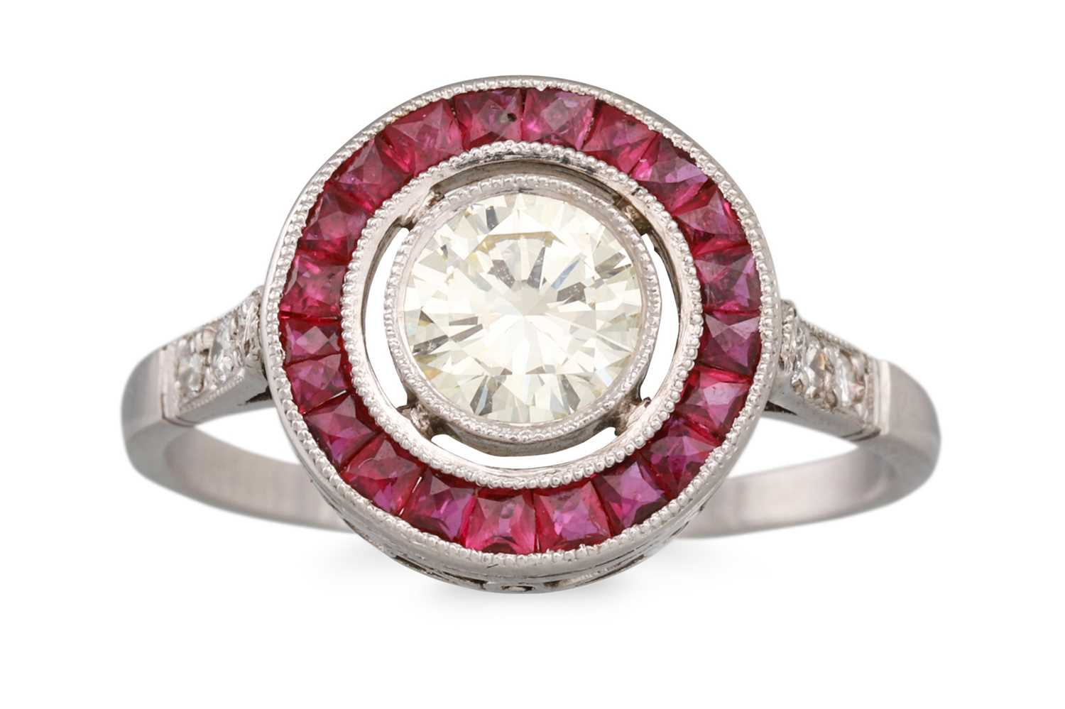 Lot 297 - A DIAMOND AND RUBY TARGET CLUSTER RING, the