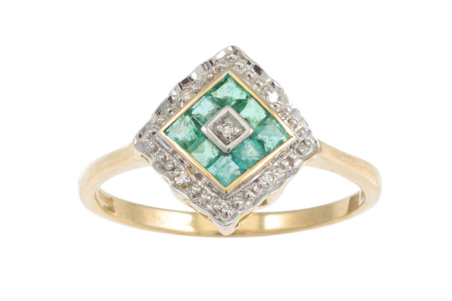 Lot 96 - AN EMERALD AND DIAMOND CLUSTER RING, square...