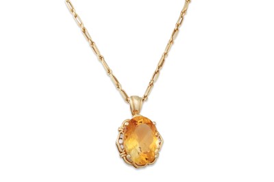 Lot 148 - A CITRINE AND DIAMOND PENDANT, on a 14ct...