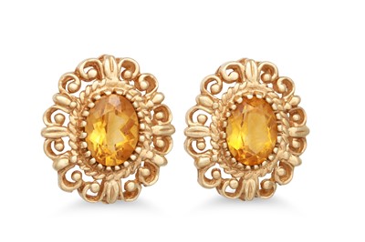 Lot 149 - A PAIR OF CITRINE EARRINGS, mounted in yellow...