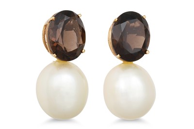 Lot 155 - A PAIR OF CULTURED PEARL AND SMOKEY QUARTZ...