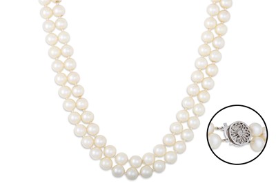 Lot 159 - A DOUBLE ROW OF CULTURED PEARLS, to a white...