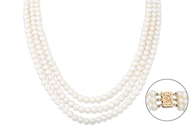 Lot 160 - A TRIPLE ROW OF CULTURED PEARLS, to a yellow...