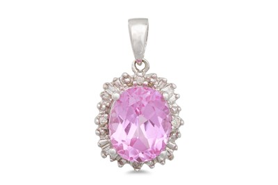 Lot 351 - A PINK TOPAZ AND DIAMOND CLUSTER PENDANT, to a...