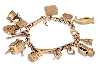 Lot 361 - A GOLD CHARM BRACELET, suspending various...