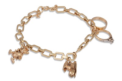 Lot 130 - A 9CT GOLD CHARM BRACELET, 13.3 g.