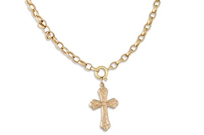 Lot 132 - A 9CT GOLD CROSS, on a belcher link chain,...