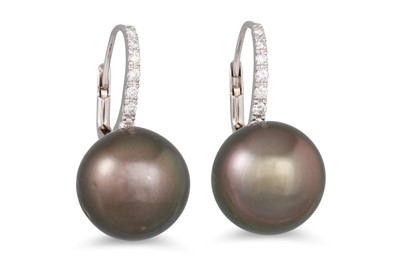 Lot 217 - A PAIR OF TAHITIAN PEARL AND DIAMOND DROP...