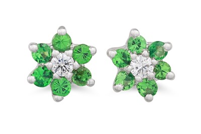 Lot 222 - A PAIR OF GREEN GARNET AND DIAMOND CLUSTER...