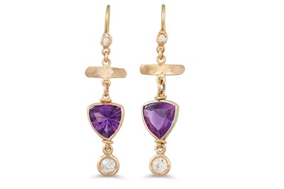 Lot 223 - A PAIR OF AMETHYST AND DIAMOND DROP EARRINGS,...