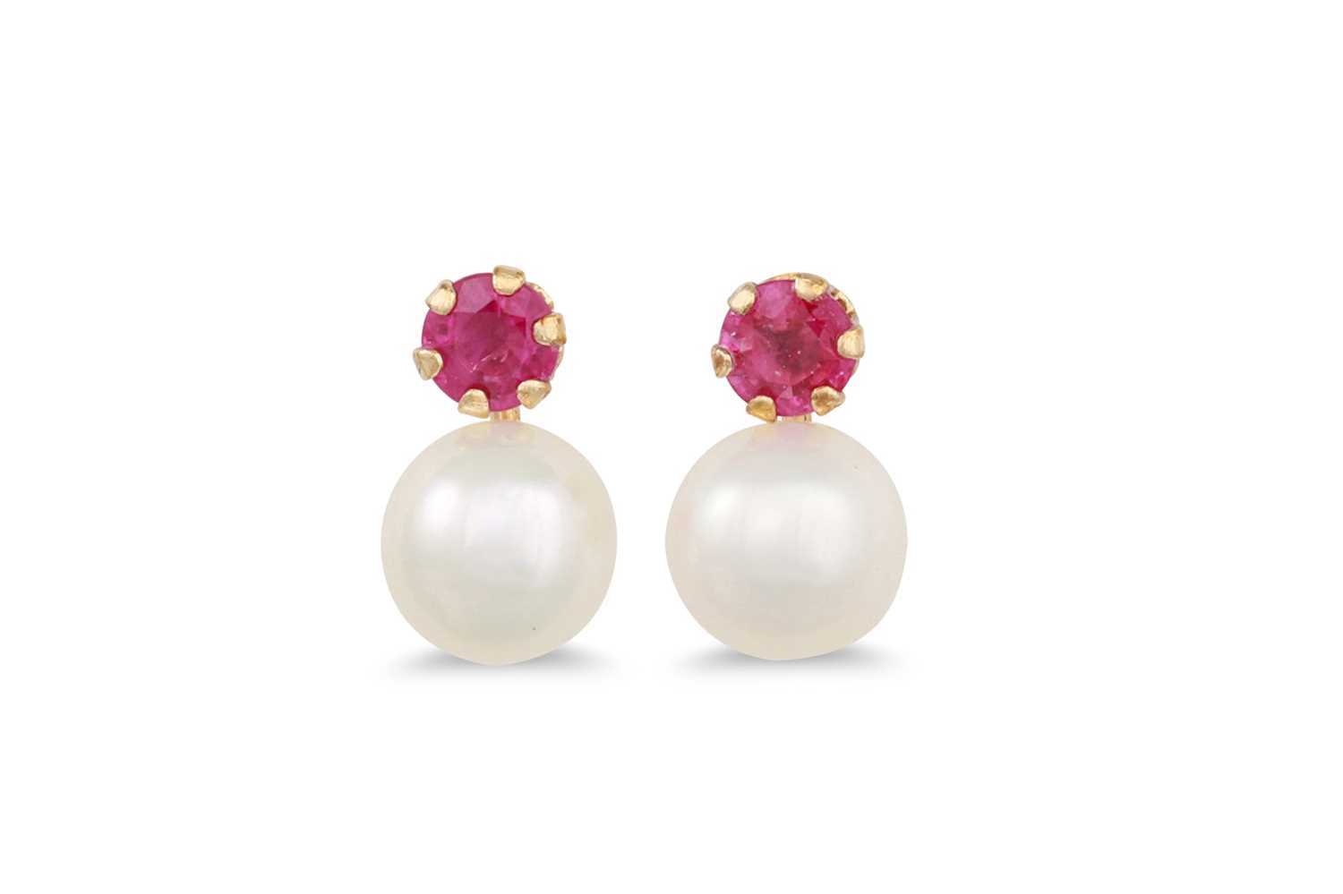 Lot 10 - A PAIR OF CULTURED PEARL AND RUBY SET EARRINGS,...