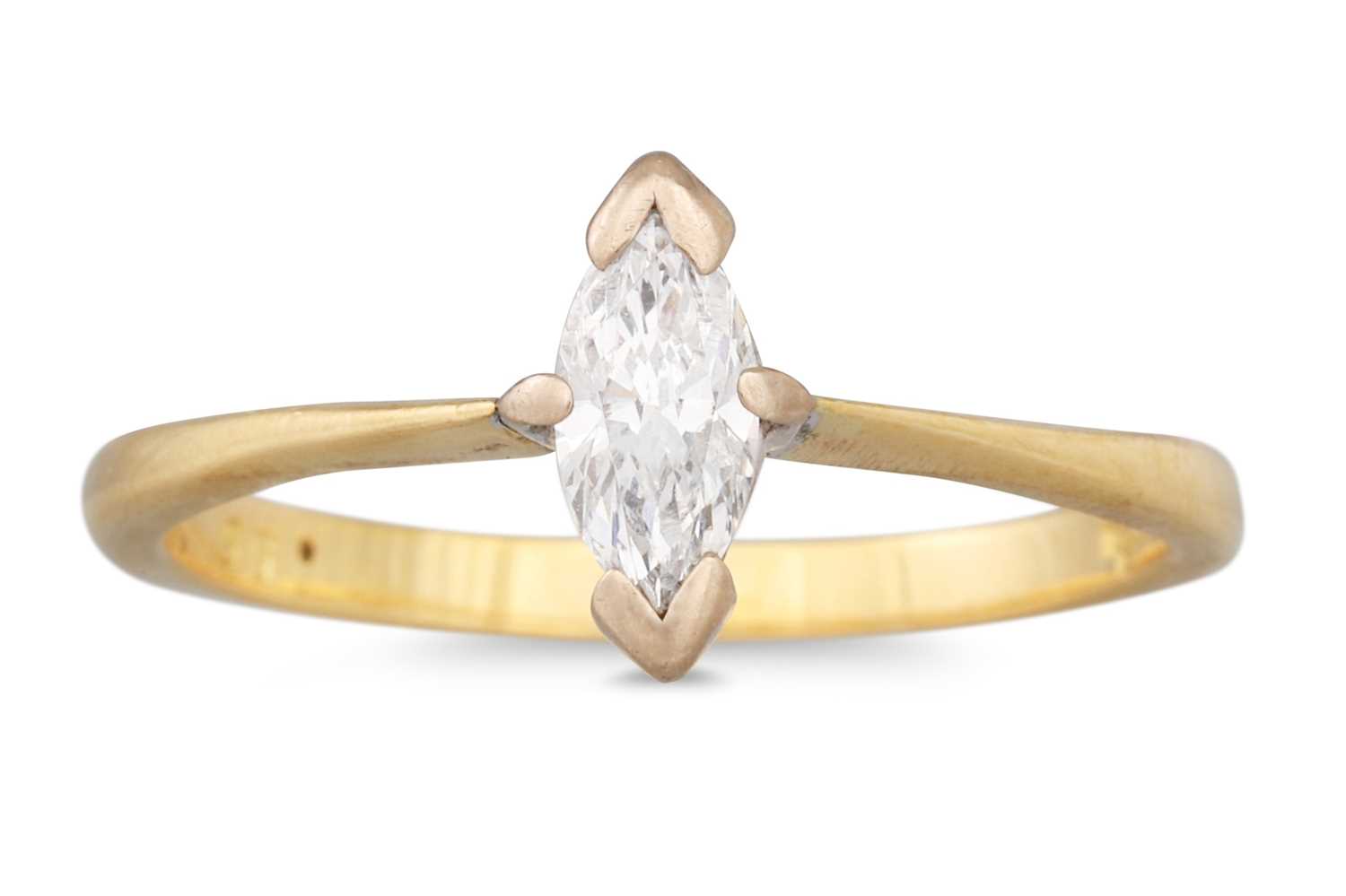 Lot 34 - A DIAMOND SOLITAIRE RING, the marquise cut...