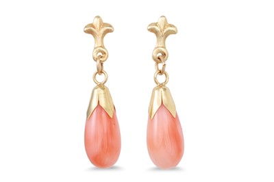 Lot 157 - A PAIR OF CORAL DROP EARRINGS, to gold mounts