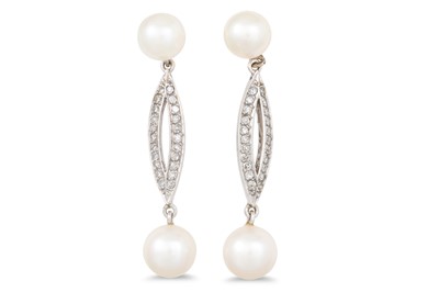 Lot 163 - A PAIR OF DIAMOND AND PEARL DROP EARRINGS,...