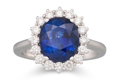 Lot 219 - A SAPPHIRE AND DIAMOND CLUSTER RING, the oval...