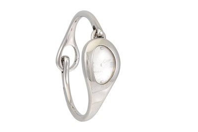Lot 182 - A LADY'S GUCCI BANGLE WATCH, mother-of-pearl...