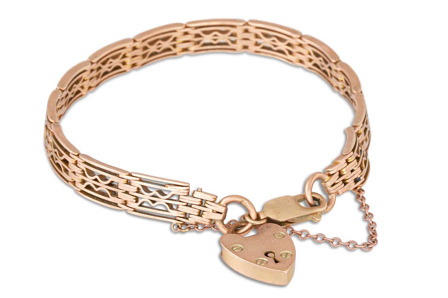 Lot 159 - A 9CT GOLD FANCY GATE LINK BRACELET, padlock...